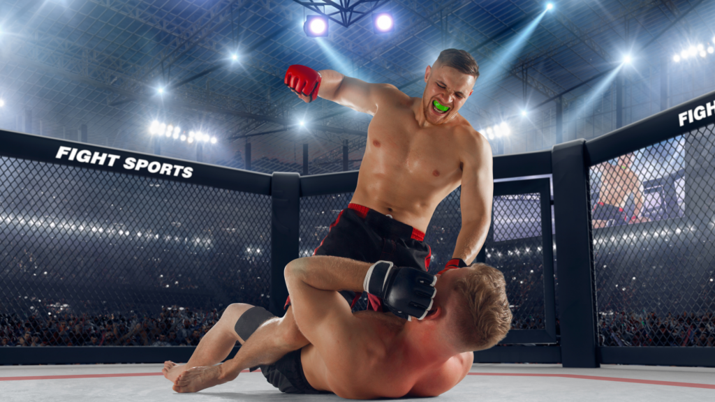 MMA（総合格闘技）の試合でパウンドを打つ選手