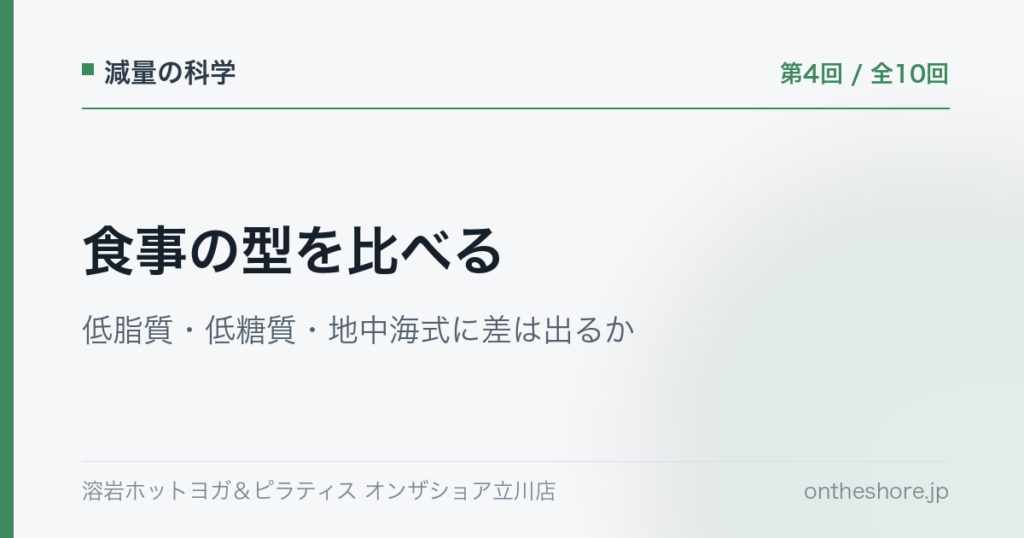 減量の科学 第4回 食事の型を比べる低脂質低糖質地中海式に差は出るか|オンザショア立川店 | オンザショア立川店 立川駅徒歩1分年中無休の溶岩ホットヨガスタジオ 減量の科学 第4回 食事の型を比べる低脂質低糖質地中海式に差は出るか|オンザショア立川店 立川駅徒歩1分年中無休の溶岩ホットヨガスタジオ