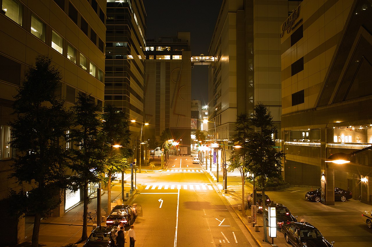 A Tachikawa street at night, lit by streetlamps and the lights of buildings (2011).