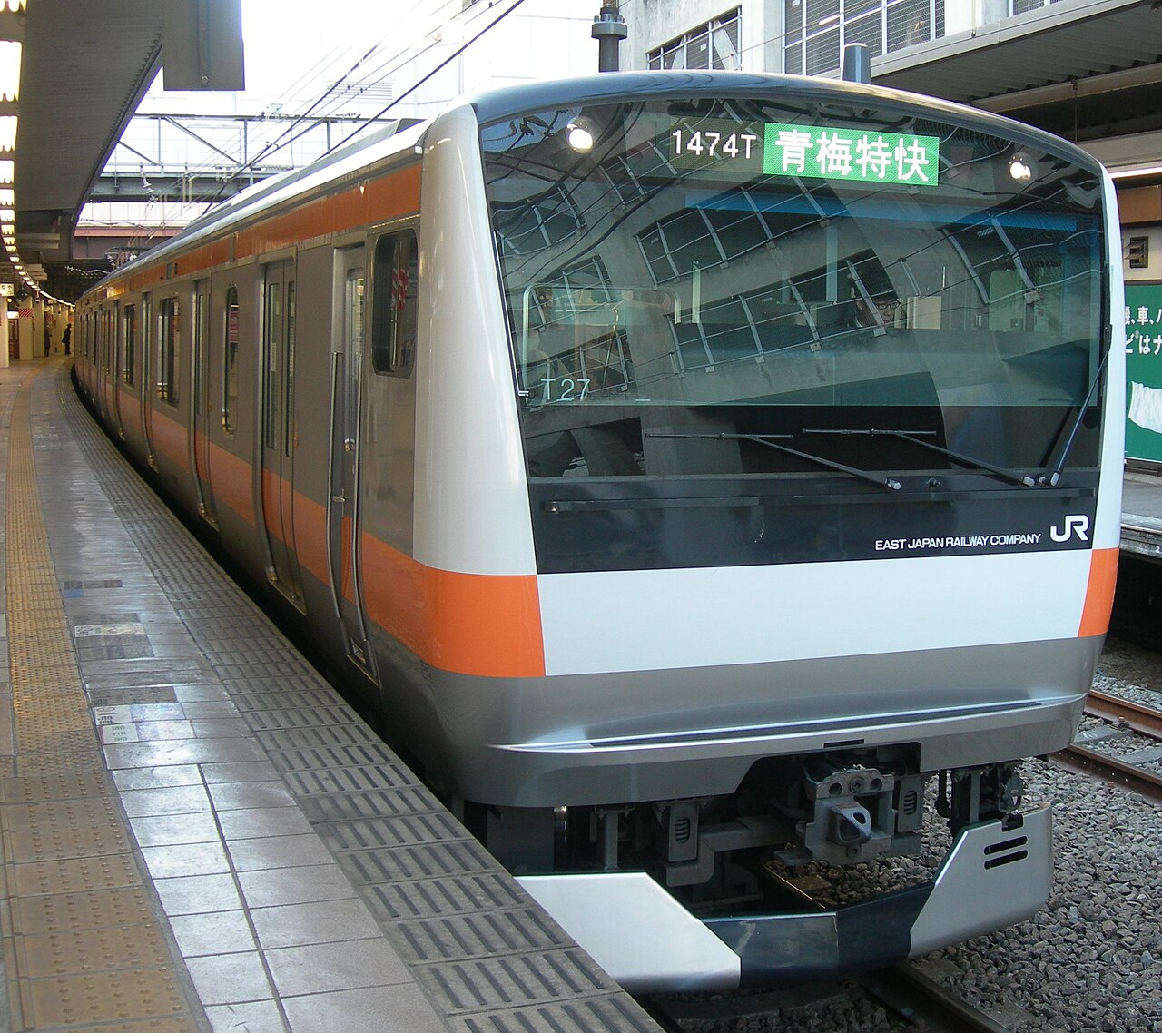 An E233-series Ome Special Rapid train standing at a platform of Tachikawa Station (2009)