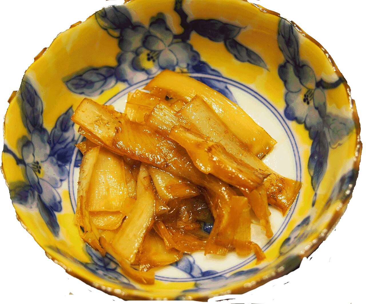 Udo kinpira: thin strips of udo sautéed and simmered in soy sauce, served in a small bowl.