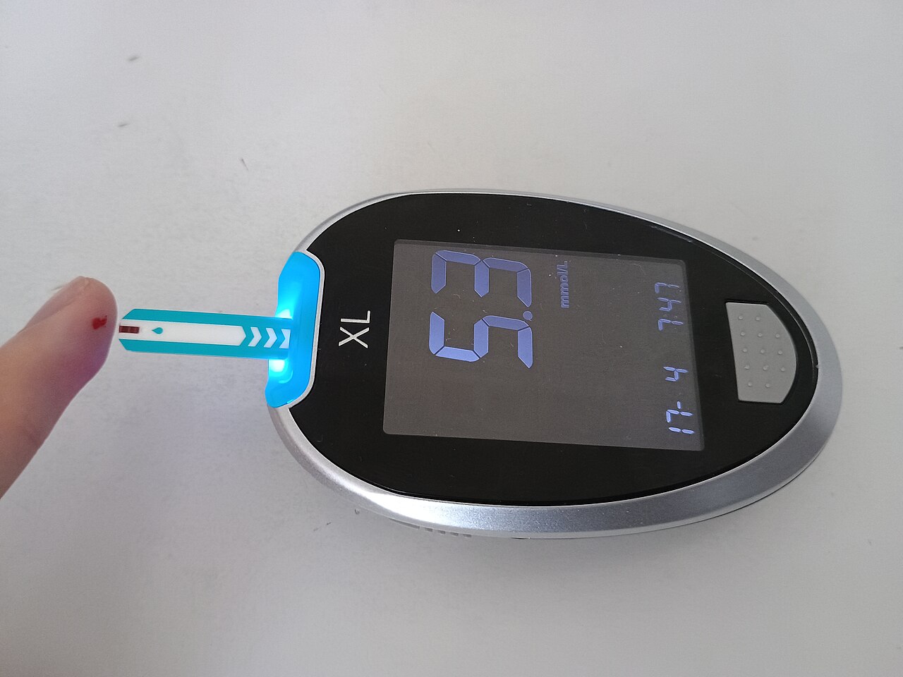 指先の血を付けた試験紙を差し込み、5.3 mmol/Lの値を表示している血糖測定器