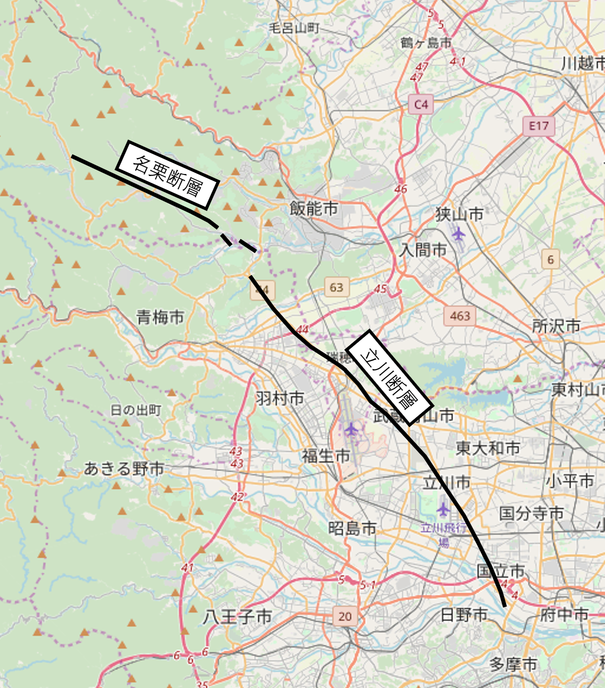 A map showing the Naguri Fault and the line long thought to be the Tachikawa Fault.