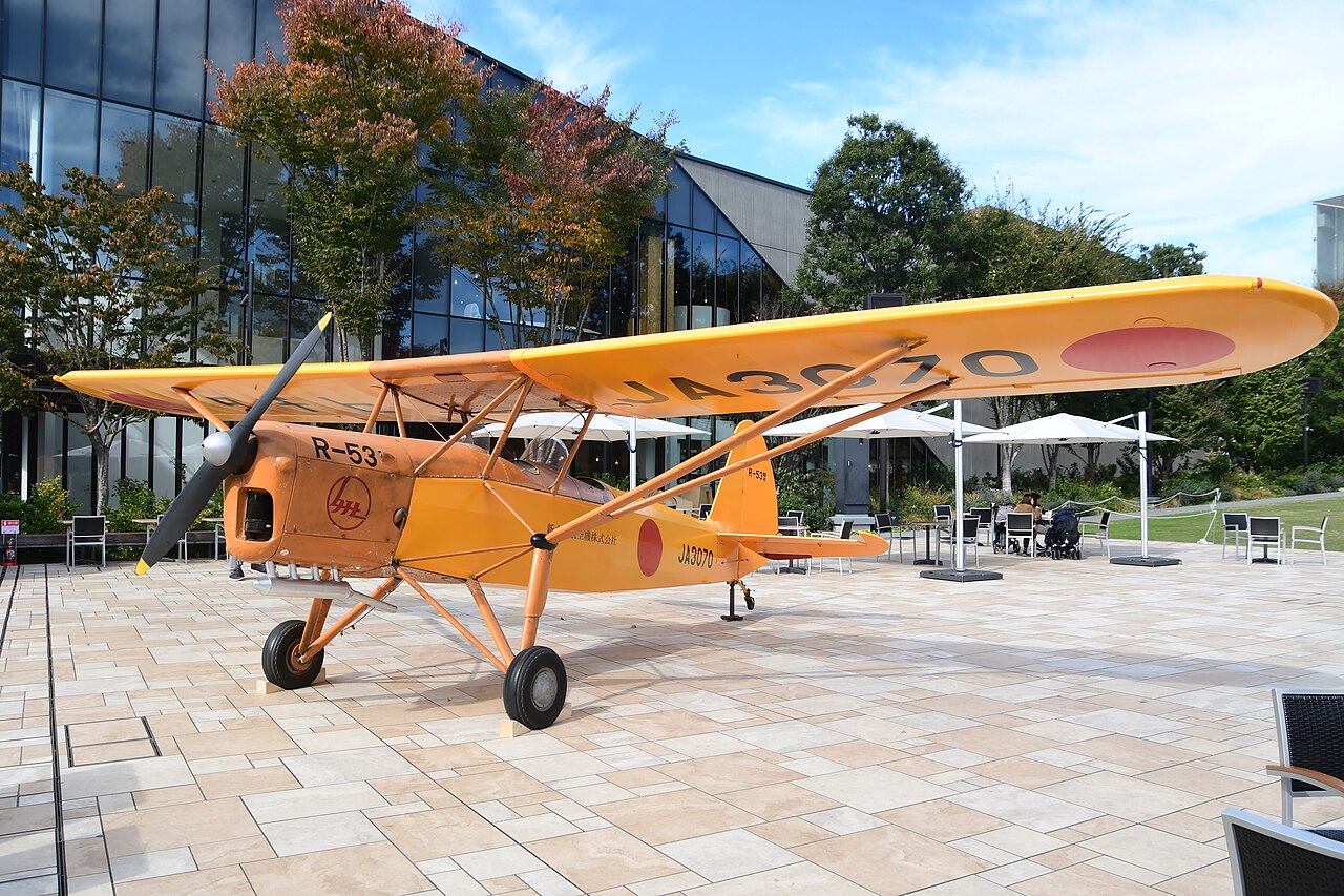 The yellow R-53 light aircraft on display at GREEN SPRINGS in Tachikawa in 2022.