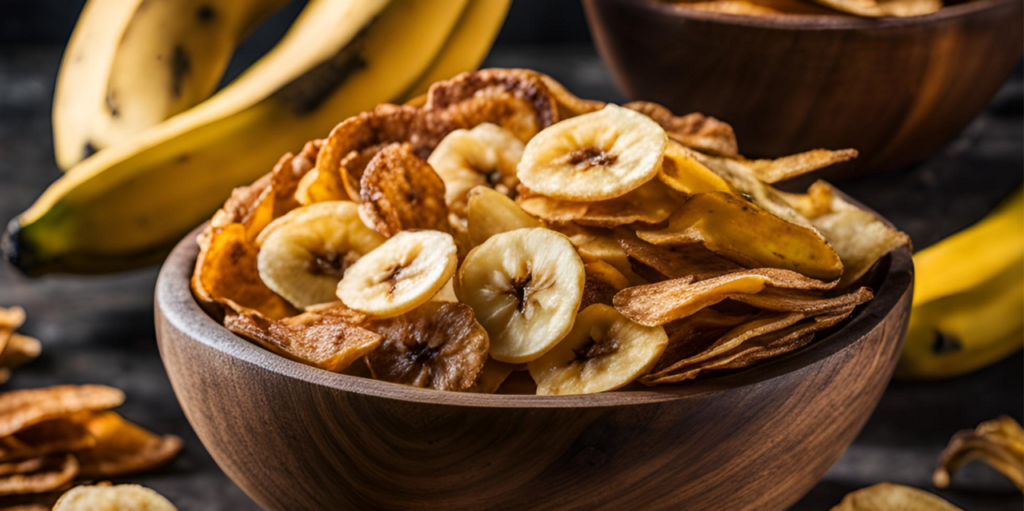 Banana Chips in a bowl with bananas in the background | オンザショア立川店 立川駅徒歩1分年中無休の溶岩ホットヨガスタジオ 器に盛られたバナナチップスとその後ろに置かれたバナナを写した写真 立川駅徒歩1分年中無休の溶岩ホットヨガスタジオ