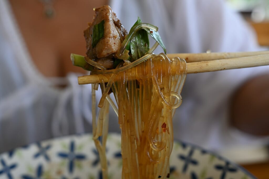 模様のある器から箸で麺と肉緑色の香草を一緒に持ち上げている様子 立川駅徒歩1分年中無休の溶岩ホットヨガスタジオ