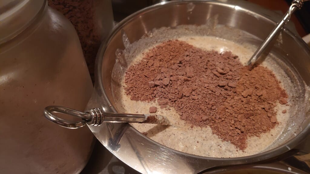Cacao mass in yogurt | オンザショア立川店 立川駅徒歩1分年中無休の溶岩ホットヨガスタジオ ステンレス製のボウルに入ったヨーグルトにカカオの薄片と粉末の果物を混ぜたもの 立川駅徒歩1分年中無休の溶岩ホットヨガスタジオ