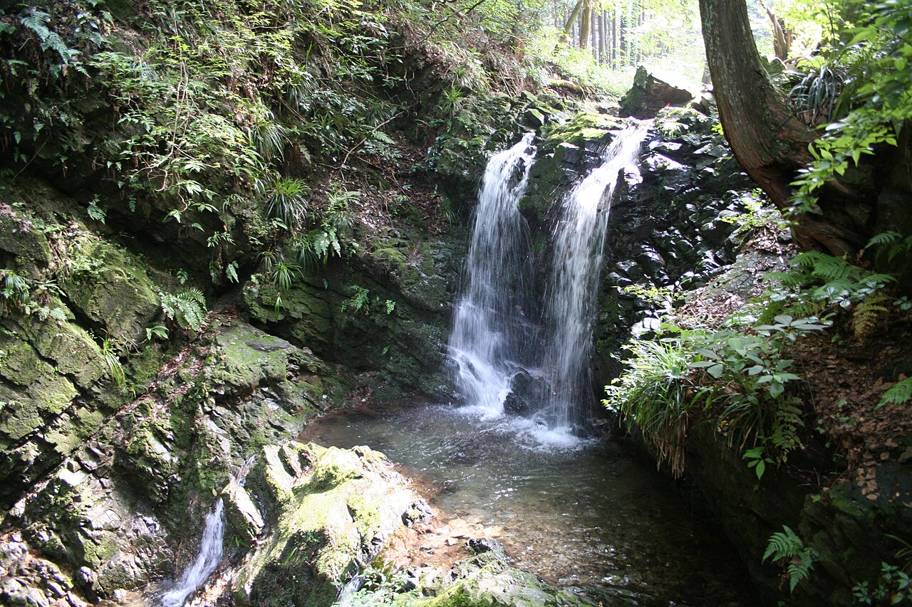 The Goshuden Falls at Hachioji Castle ruins, a thin stream falling between mossy rocks.