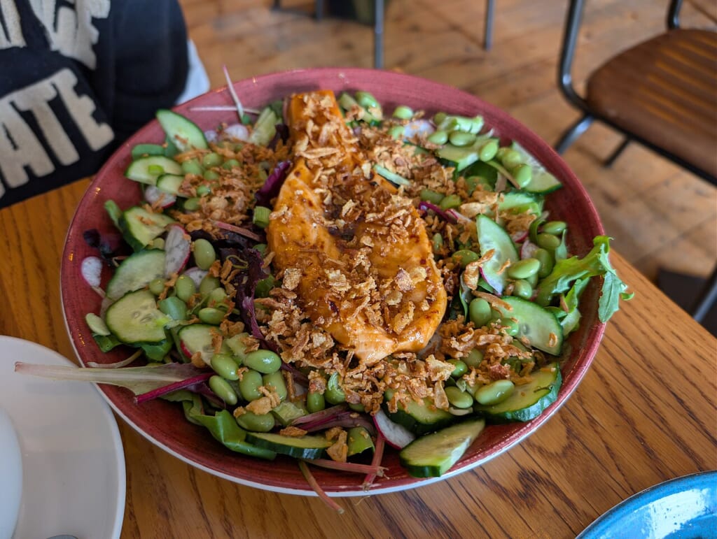 Salmon Fillet Salad Jonnys 20260612 | オンザショア立川店 立川駅徒歩1分年中無休の溶岩ホットヨガスタジオ サーモンの切り身に葉野菜枝豆ラディッシュキュウリを合わせたサラダ 立川駅徒歩1分年中無休の溶岩ホットヨガスタジオ