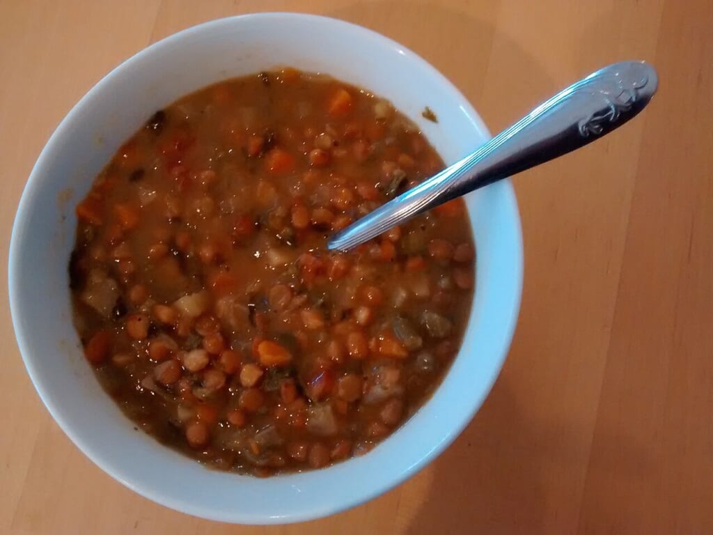 レンズ豆と野菜を具材にしたスープを一つの器に盛り付けた様子 立川駅徒歩1分年中無休の溶岩ホットヨガスタジオ