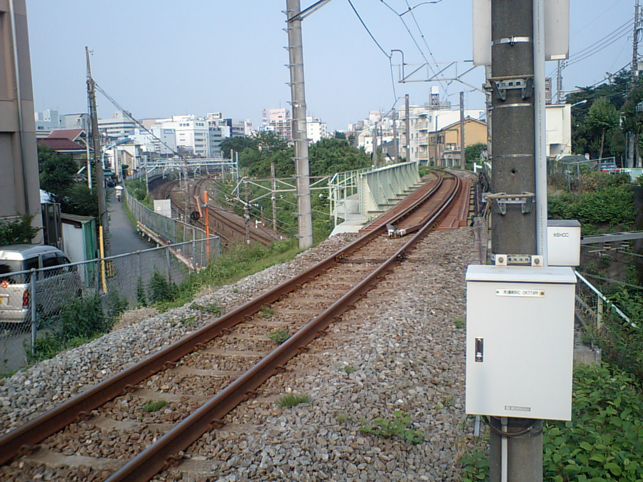 青梅短絡線の単線の線路(2009年撮影)。左手の低い位置に別の線路が並び、奥へ曲がっていく。